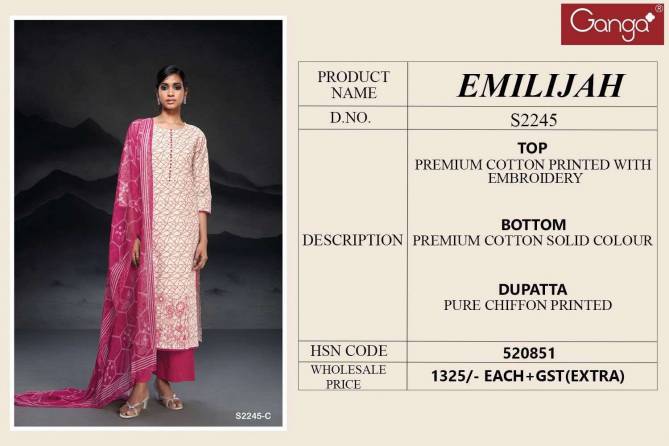 Emilijah 2245 By Ganga Printed Premium Cotton Dress Material Wholesale Price In Surat